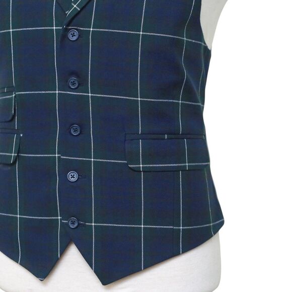 Mens Vest 44R Tartan Plaid Wool Blue Green White Lapel Waistcoat Formal Wedding - Picture 6 of 9
